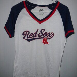 Majestic Women's Boston Red Sox MLB Red White Blue V-Neck Short Sleeve Jersey-S